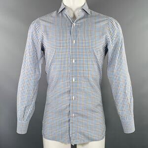ISAIA Size M Blue White Brown Plaid Cotton Spread Collar Long Sleeve Shirt